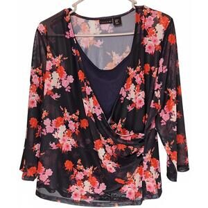 Tahari Women's Navy Blue Sheer Floral Print Wrap Blouse‎ with Attached Tank XL